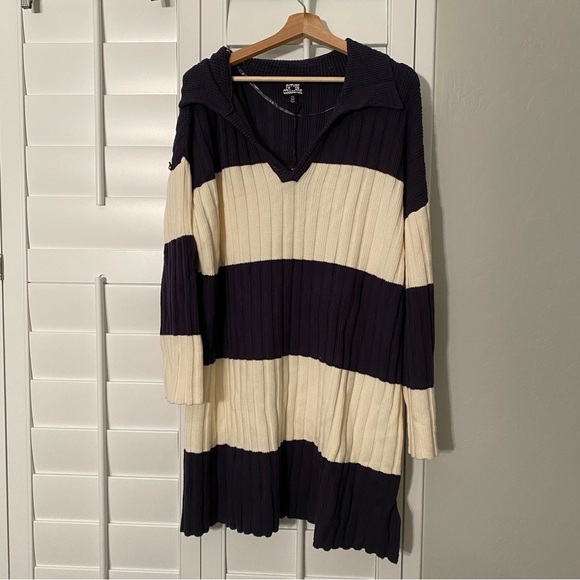 Future Collective Sweaters - Women's Long Sleeve Oversized Rugby Mini Sweater Dress, Navy Stripe XXL NEW